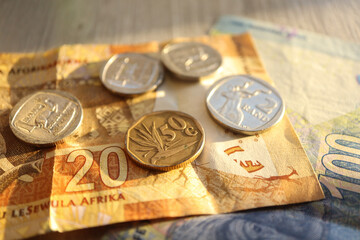 South African Rand currency. Banknotes and coins
