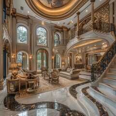 Luxurious living room with marble floors, crystal chandeliers, and a grand staircase. AI.