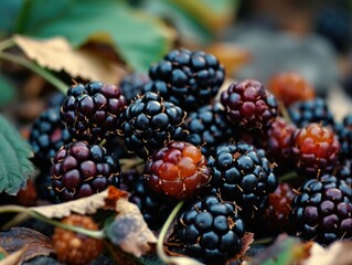 A close-up of a bunch of ripe blackberries. AI.