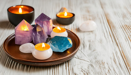 A set of esoteric healing crystals on a plate with candles, copy space on a side