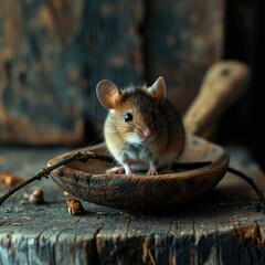 A cute mouse is sitting in a wooden spoon. AI.
