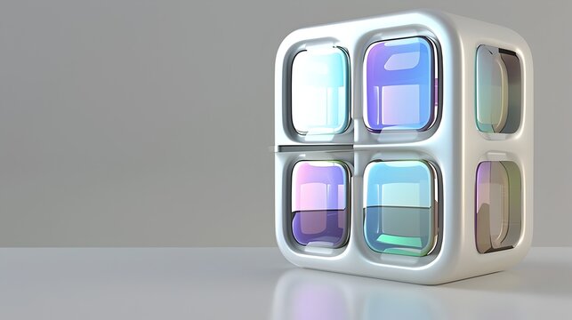 Modular futuristic cuboid with colored glass panels and accent detail floating on gray background
