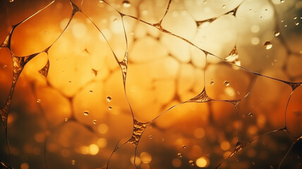 Cracks in foggy glass, golden or yellow warm light. Abstract horizontal background. AI generated.