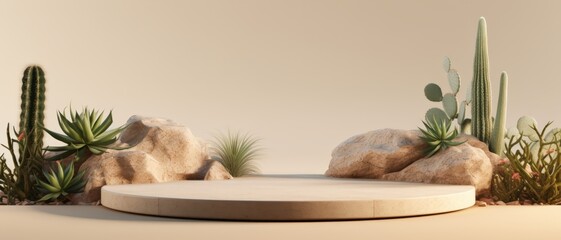 Minimalist stone podium in a cactus garden, suitable for displaying products with a desert vibe,
