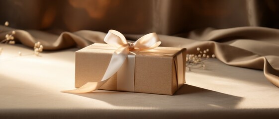 A lone gift box placed centrally on a soft, textured fabric, highlighted by natural light for a warm, inviting feel,
