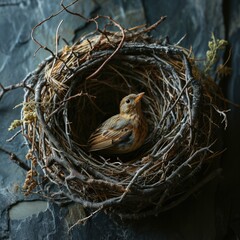 Fototapeta premium A small bird sits in its nest, made of twigs and lined with soft grasses. AI.