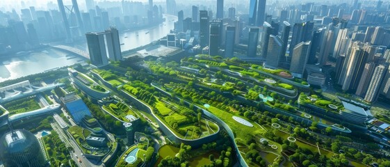 A bird’s-eye view of a city integrating green roofs and parks, showing urban planning focused on sustainability,