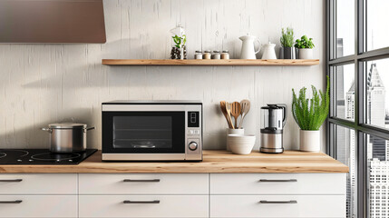 Wooden counters with microwave oven utensils 