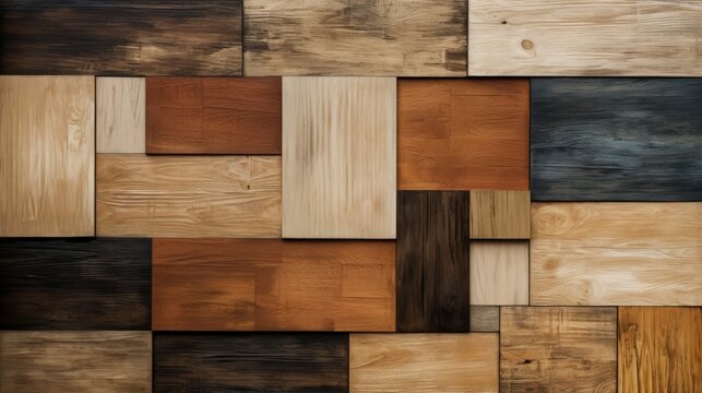 Patchwork wood grain designs, combining different textures and colors for a creative background,