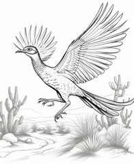 Fototapeta premium coloring page, energetic roadrunner sprinting across a desert landscape, clear blue sky, dynamic angle, eyelevel view, simple cartoon style, no shading, no color