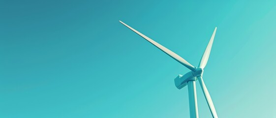 Dynamic image of a modern wind turbine against a clear blue sky, symbolizing clean and renewable energy sources,