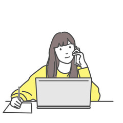 テレワークで電話しながらメモを取る女性のイラスト　ベクター、白バック、白背景、背景なし、コピースペース、正方形