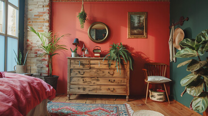 Wooden furniture with decor near color wall in room --