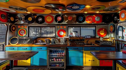 Retro vinyl record-themed taco truck with vinyl record menu boards, retro decor, and live music.