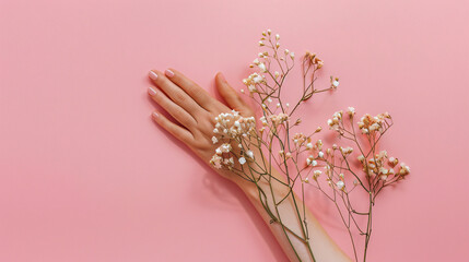 Wooden hand with flowers on pink background