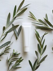 Minimalist Photo of Toothpaste Tube with Olive Leaves on Gallery-Style White Background