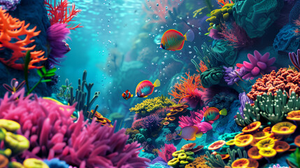 Naklejka na ściany i meble Underwater Symphony: Exploring the Biodiversity of Vibrant Coral Reefs