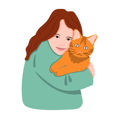 Happy girl hugs a red cat