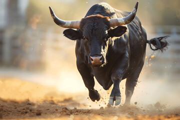 Naklejka premium The black bull was charging towards the target