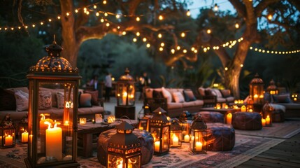 Elegant string lights le above as guests lounge on plush seating surrounded by rustic lanterns filled with dancing flames. 2d flat cartoon.