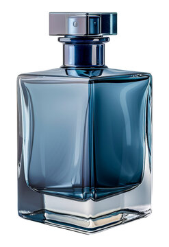 Stylish blue glass perfume bottle with transparent design, cut out - stock png.