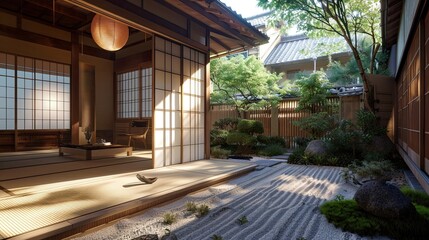 Traditional Japanese machiya townhouse with sliding shoji doors, tatami mat flooring, and a...