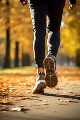 Jogging workout in autumn forest. Man during jogging workout in an autumn city park. Keeping fit in any age. Male legs close-up.