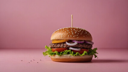 Unconventional Yellow Hamburger Composition on a Pink Background.