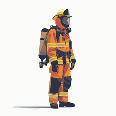 A firefighter in full gear stands in front of a white background