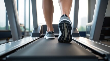 Legs of man running on treadmill in gym with modern sports equipment. Desire to get rid of fat and mass in adulthood. Hard work to get perfect body and exercise for chubby people concept - Powered by Adobe