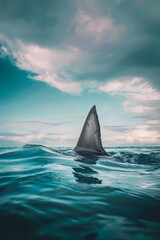 Fototapeta premium Shark fin on ocean surface in cloudy clear sky 