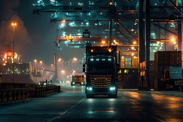 Illuminated truck navigating through a bustling industrial port at night, showcasing vibrant lights and busy cargo operations
