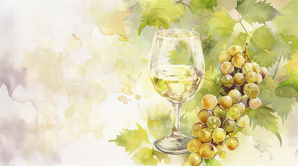 drawing of a glass of white wine on a background of green grapes and vines. Beautiful Stock greeting Card for International Viognier Day 