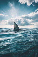 Shark fin on ocean surface in cloudy clear sky
