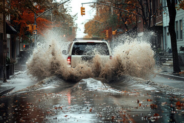 After the flood, an SUV drives through a flooded street, splashing water.

