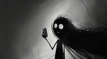 black and white center shot of a long hair skinny girl angrily with holding the phone to take pictures