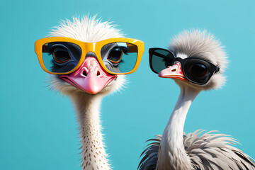 Ostrich bird in sunglass shade glasses - obrazy, fototapety, plakaty