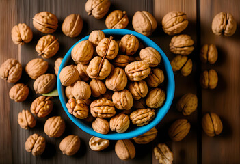 A bowl of fresh walnuts on a wooden table against a colorful background