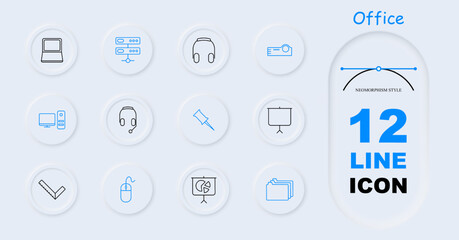 Office set icon. Laptop, headphones, presentation, server, files, folders, computer, monitor, system unit, microphone, call center, projector, pin button, mouse, neomorphism. Office work concept.