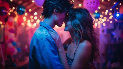 Two teenagers sharing a first kiss at a school dance, disco lights and joyful ambiance, suitable for teen fashion promotions