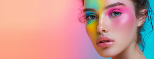 Obraz premium A woman with colorful makeup on her face. The background is a bright pink and blue color. colorful make up concept
