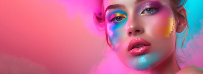Obraz premium A woman with colorful makeup on her face. The makeup is bright and vibrant, giving the impression of a fun and playful mood. colorful make up concept