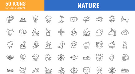 Nature line icon set. Editable stroke. Containing as plant, forest, water, flower, animal and more. Vector illustration