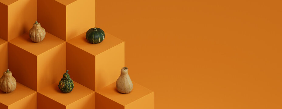 Contemporary Fall Banner with Squashes on Orange 3D Blocks.