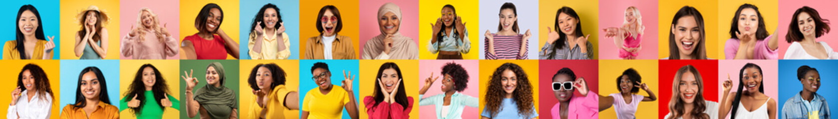 A mosaic of multi-ethnic women faces portraying a wide spectrum of human expressions on colorful...