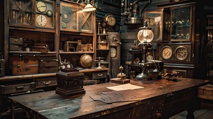 Fototapeta na wymiar Victorian steampunk-inspired escape room with vintage props, hidden compartments, and puzzle-solving challenges.
