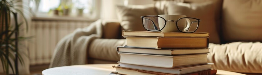 Stack of books on a coffee table with glasses and a cup of coffee, ideal for cozy home life or book lover gift ads
