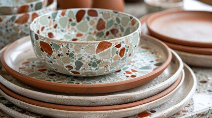 A set of terracotta dinner plates with a unique terrazzo pattern made from a medley of green brown and beige clay..