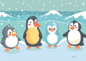 Adorable Cartoon Penguins Enjoying Snowfall in Icy Landscape Scene