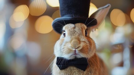 Rabbit in a bowtie and top hat attending a formal party setup, suitable for luxury pet product or pet event planning ads